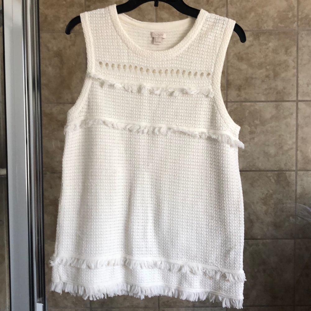 J Crew Fringe Thermal Waffle Open Knit Cream Boho Sleeveless Sweater Vest Top